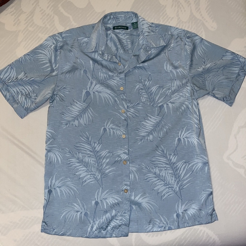 Cubavera Mens M Blue Tropical Palm Tree Print Button Down Short Sleeve Shirt